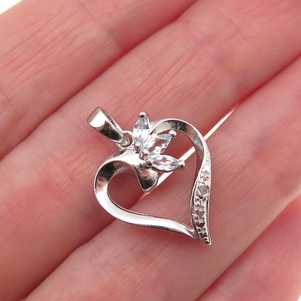 Ross Simons 925 Sterling Silver Real Diamond Accent & Aquamarine Heart Pendant